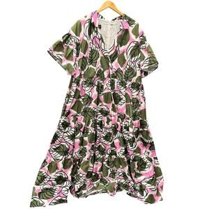 Talbot Runhof Dress Floral Midi Tiered Coastal Pink Green + Pockets Womens 16